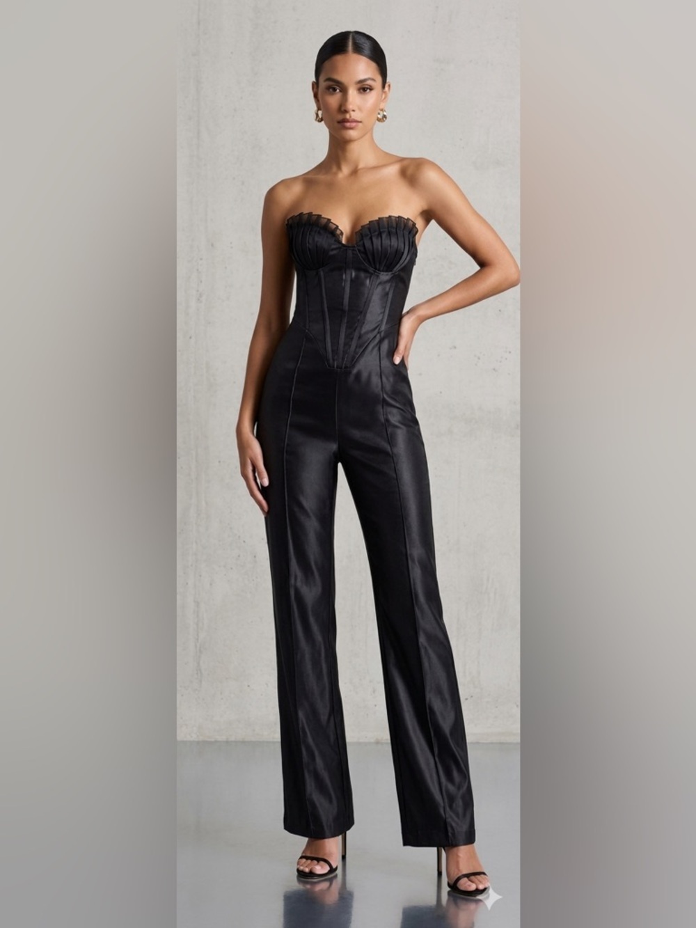 Pretty Little Thing Jumpsuit US 6 Black Satin Strapless Corset Pants Outfit